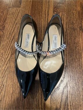 Jimmy Choo Black Patent Pointed-Toe BingFlats with Crystal Strap